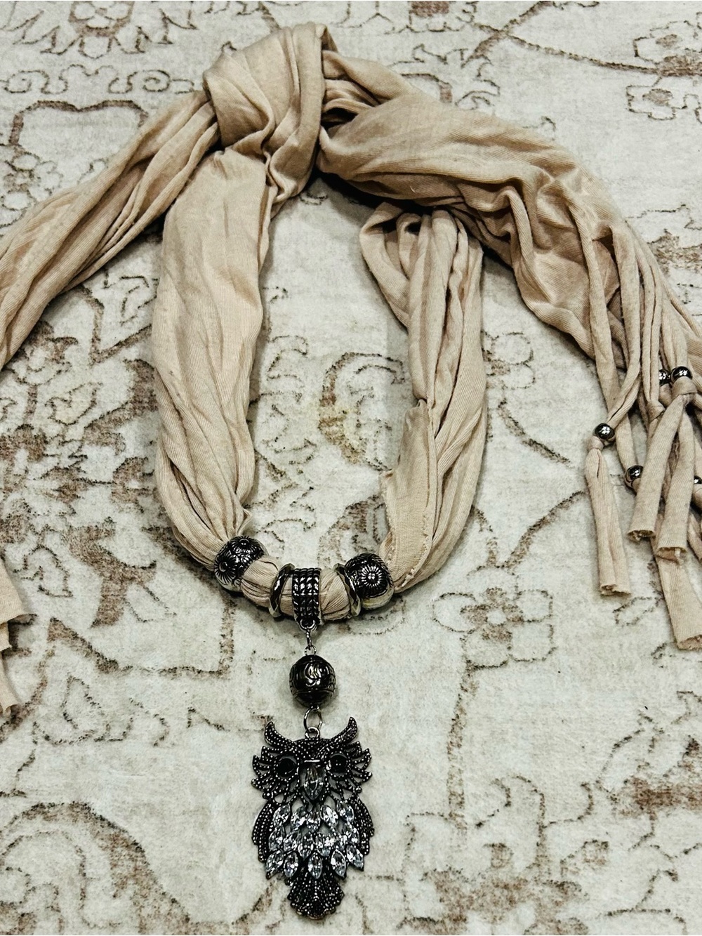 Neutral Beige Scarf Necklace with Decorative Owl Pendant